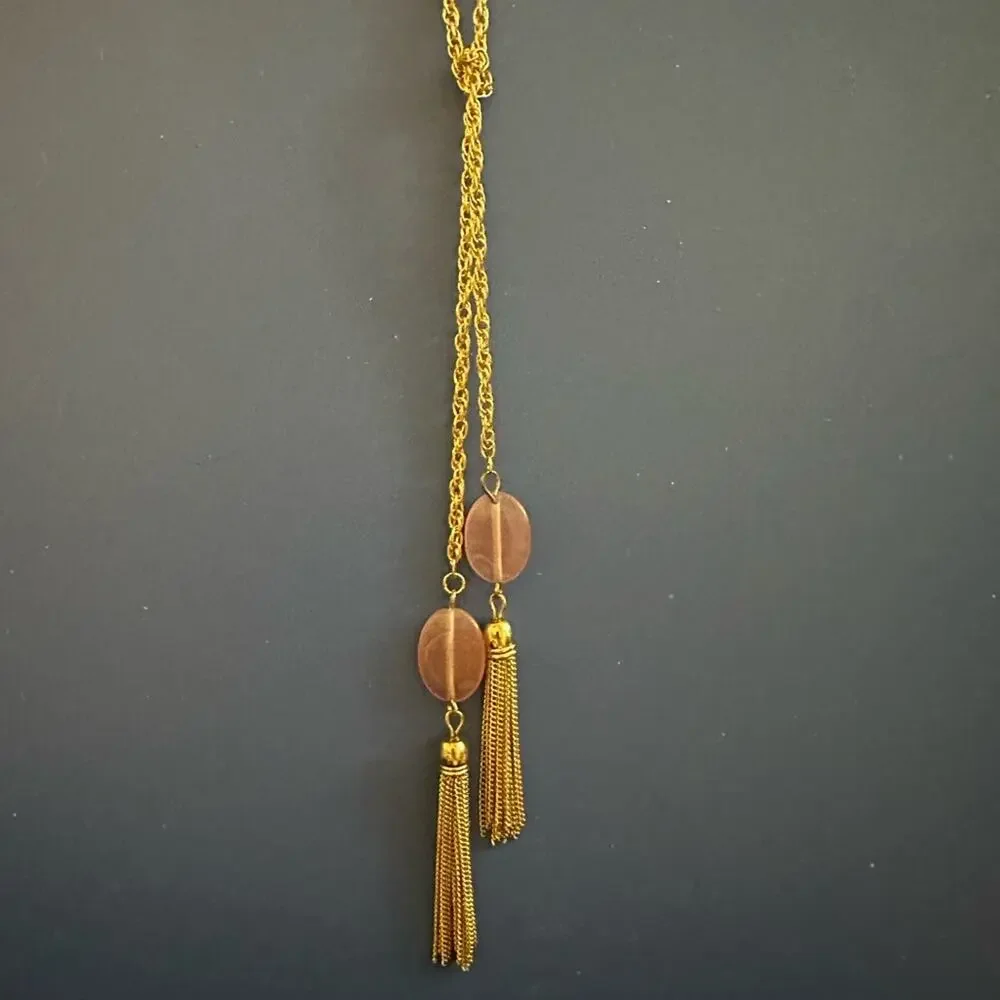 Stylish Gold Tone Lariat Necklace with Tassels & Pink Quartz